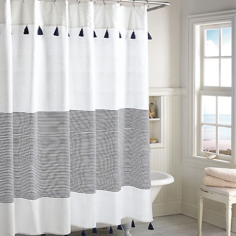 Peri Home Panama Stripe Cotton Shower Curtain with Large Tassels